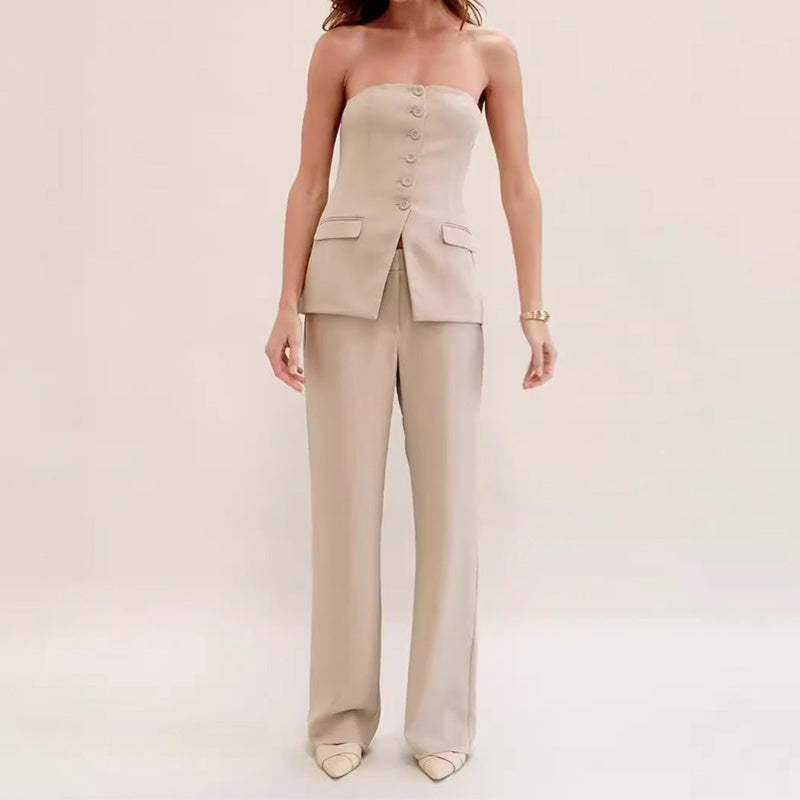 Elegantes Damen-Set aus Oberteil und gerader Hose, trendiges ärmelloses Oberteil mit Knöpfen