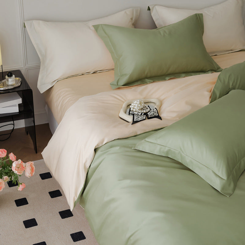 Parure de lit quatre pièces en laine et coton, draps en pur coton