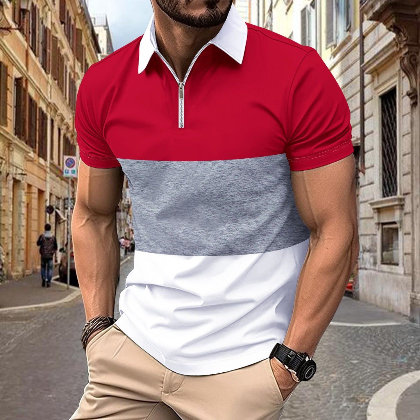 Striped printed polo shirt with zipper