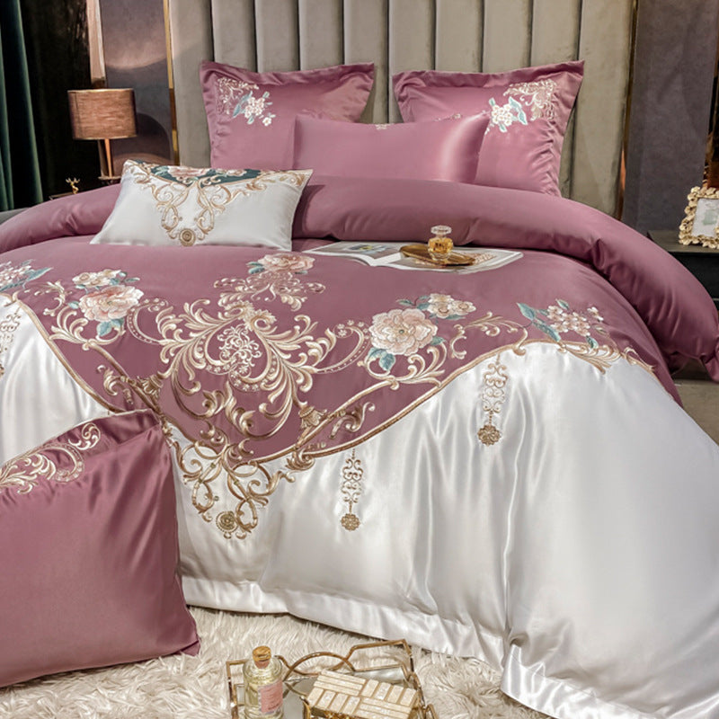 Parure de lit de luxe quatre pièces avec broderie de fleurs de champagne européen