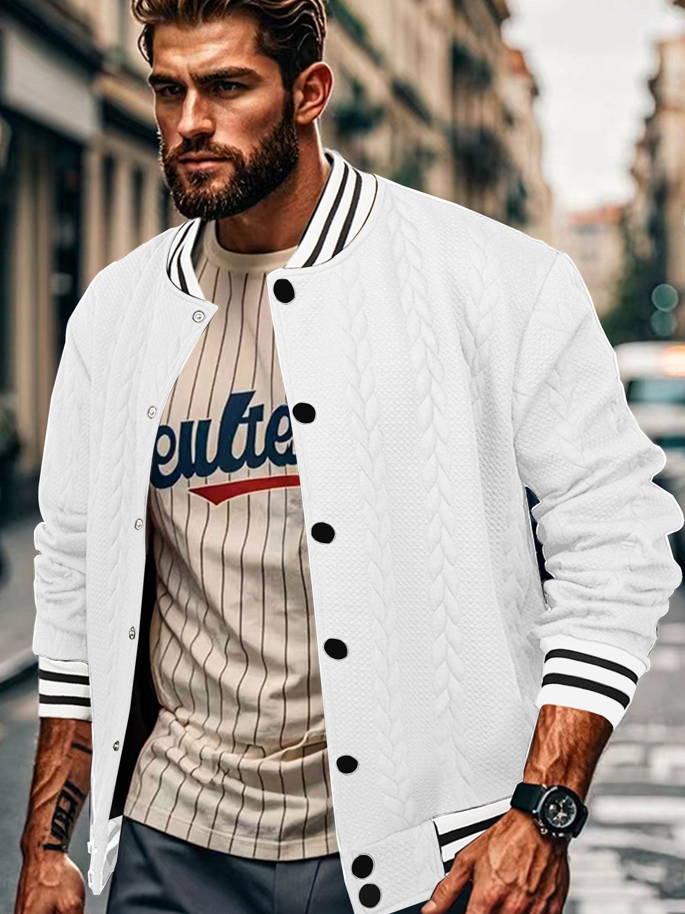 Jacquard Button Design Trendy Fashion Solid Color Men's Cardigan Baseball Jacket