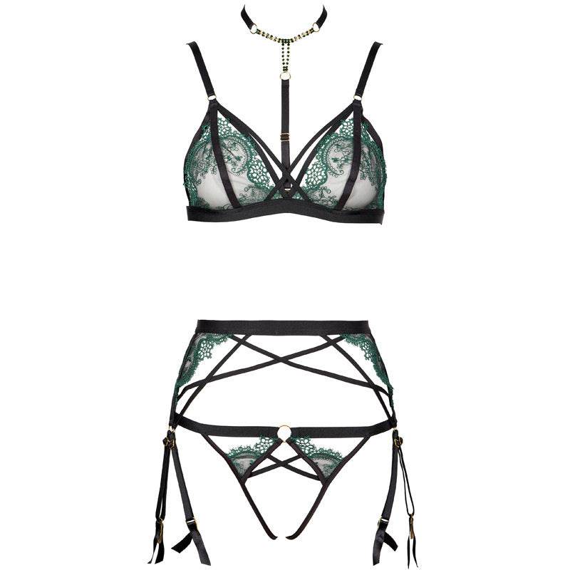 Ensemble de lingerie sexy en maille brodée fine et transparente avec porte-jarretelles - Style & confort