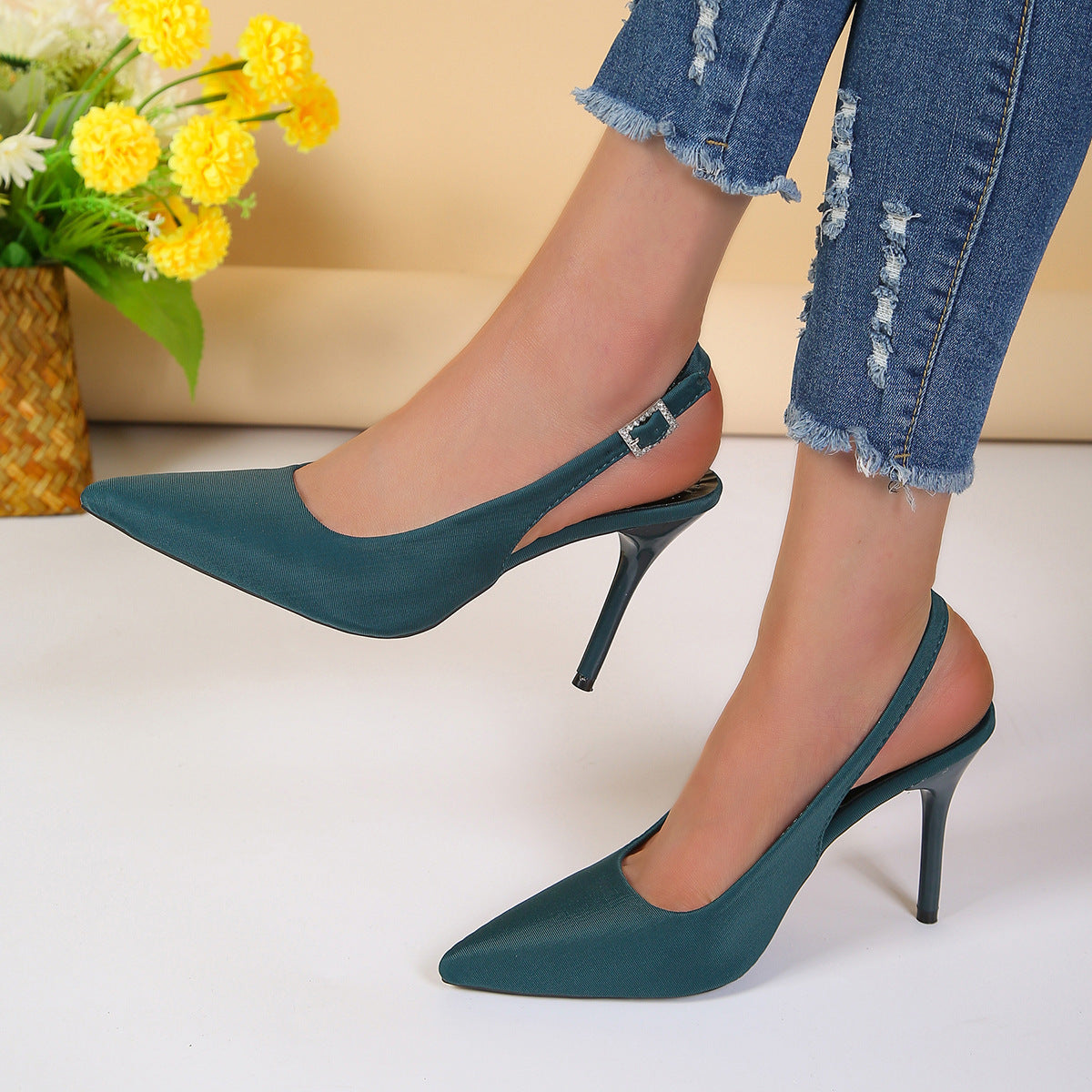 Pointed toe stiletto sandals with buckle