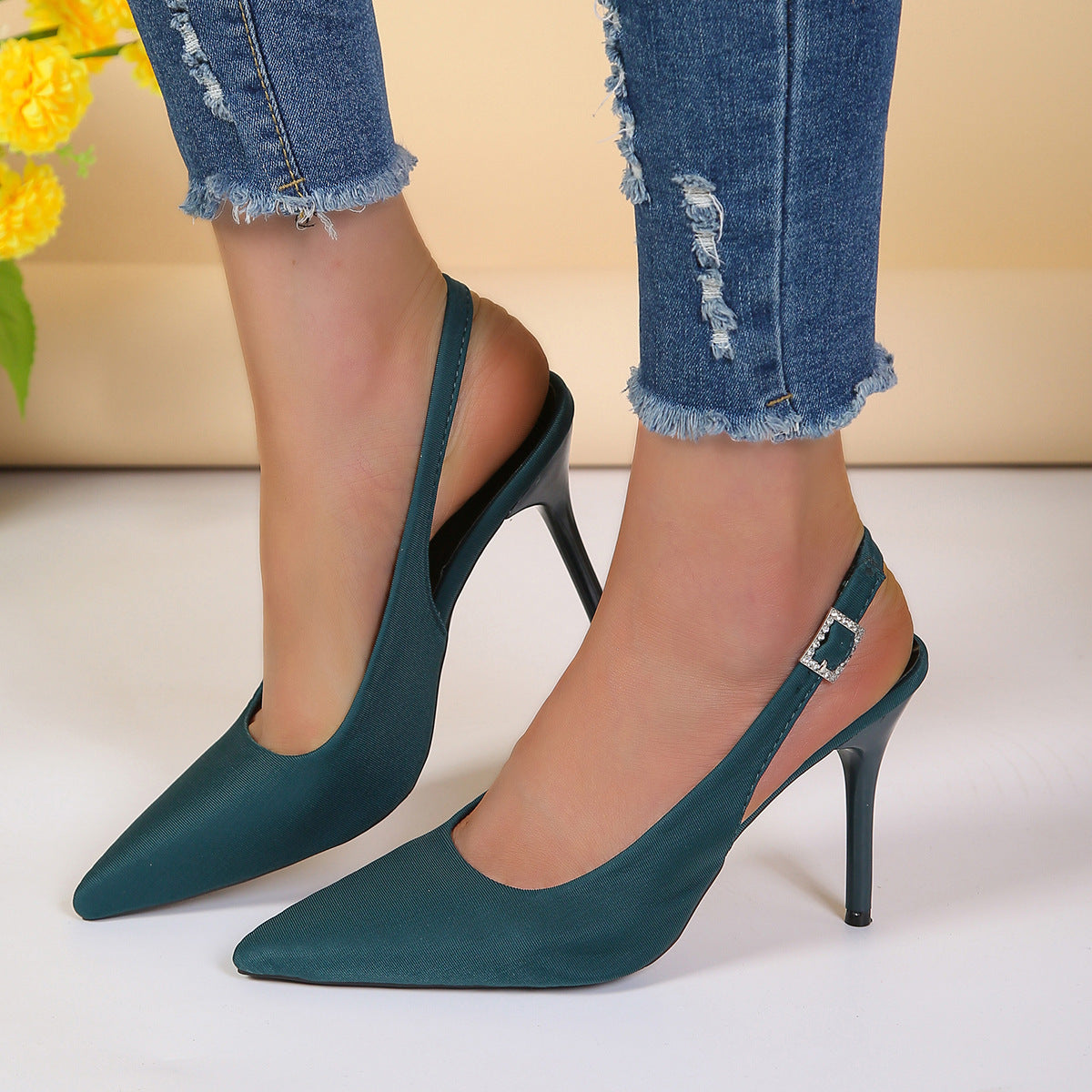 Pointed toe stiletto sandals with buckle