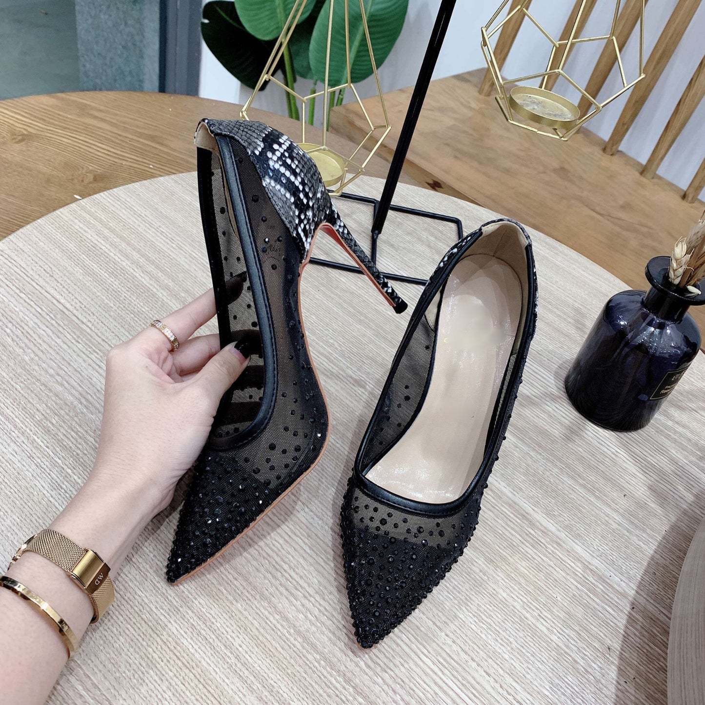 Chaussures de travail à talons aiguilles noirs et strass, imprimé serpent, sexy, pointues