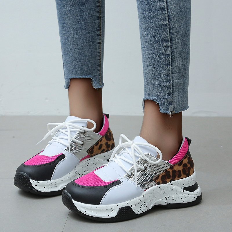 Baskets à lacets à imprimé léopard pour femmes, chaussures de marche, de course et de sport