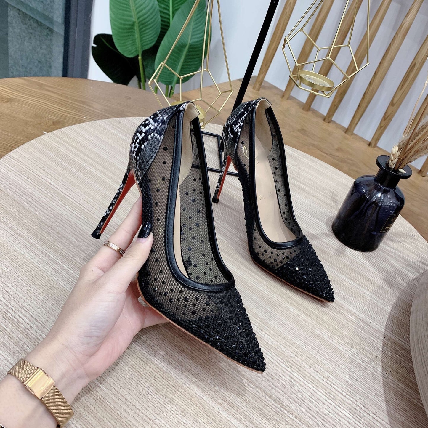Chaussures de travail à talons aiguilles noirs et strass, imprimé serpent, sexy, pointues