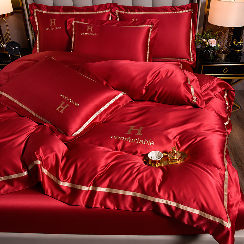 Ensemble de quatre draps de lit en soie glacée simple et tendance pour la maison