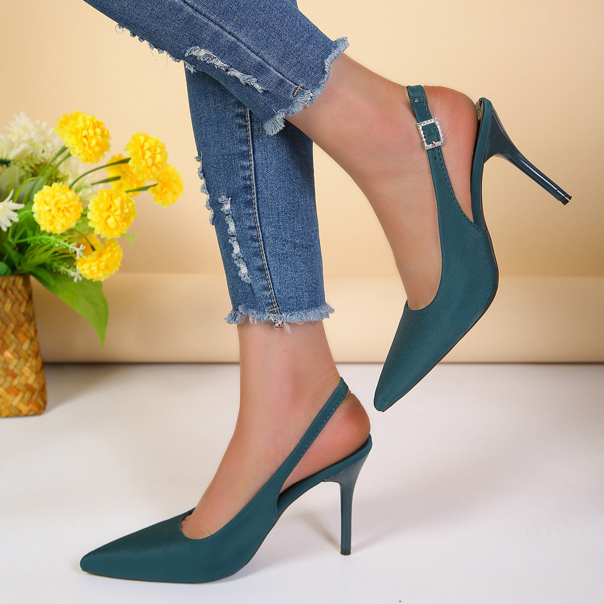Pointed toe stiletto sandals with buckle