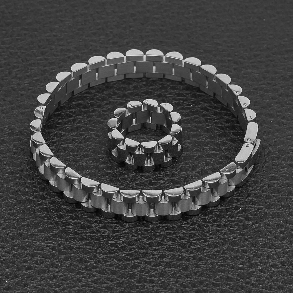 Link bracelet and adjustable ring set