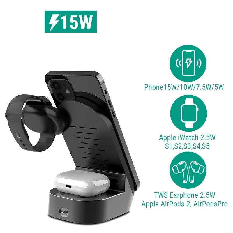 Chargeur sans fil pliable 3 en 1 avec support vertical 15 W - Style & confort