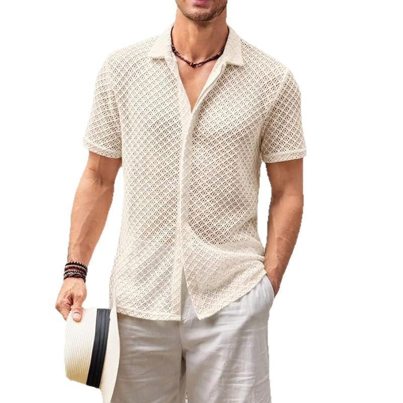 Chemise d'été à manches courtes en maille, couleur unie, à revers pour hommes