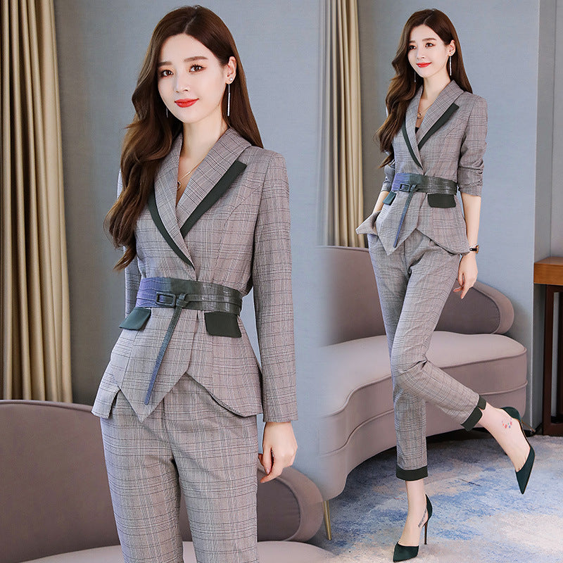 Women's Two-Piece Checkered Professional Suit