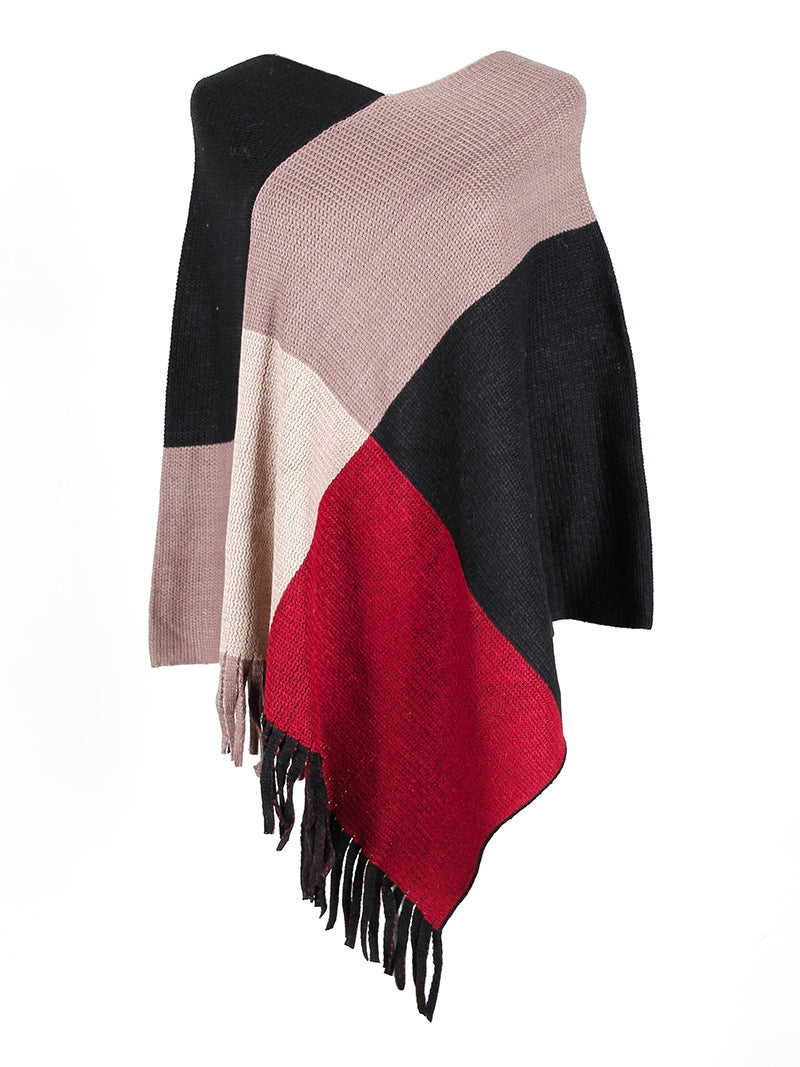 Shawl cape fringed colorblock women's coat