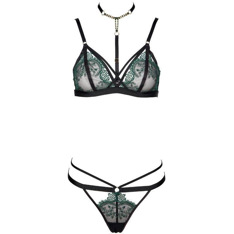 Ensemble de lingerie sexy en maille brodée fine et transparente avec porte-jarretelles - Style & confort