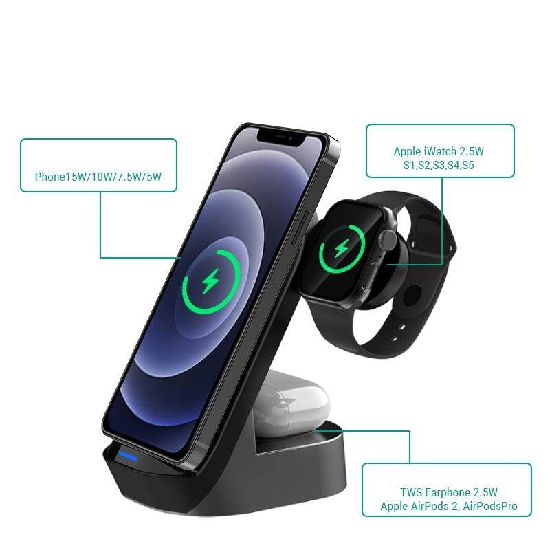 Chargeur sans fil pliable 3 en 1 avec support vertical 15 W - Style & confort