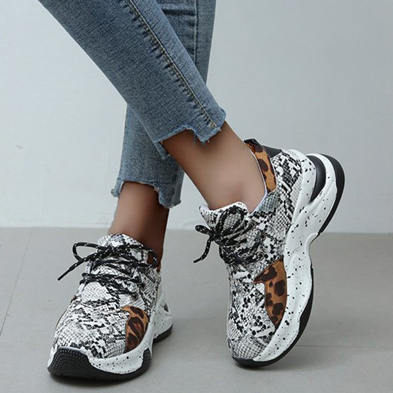 Baskets à lacets à imprimé léopard pour femmes, chaussures de marche, de course et de sport