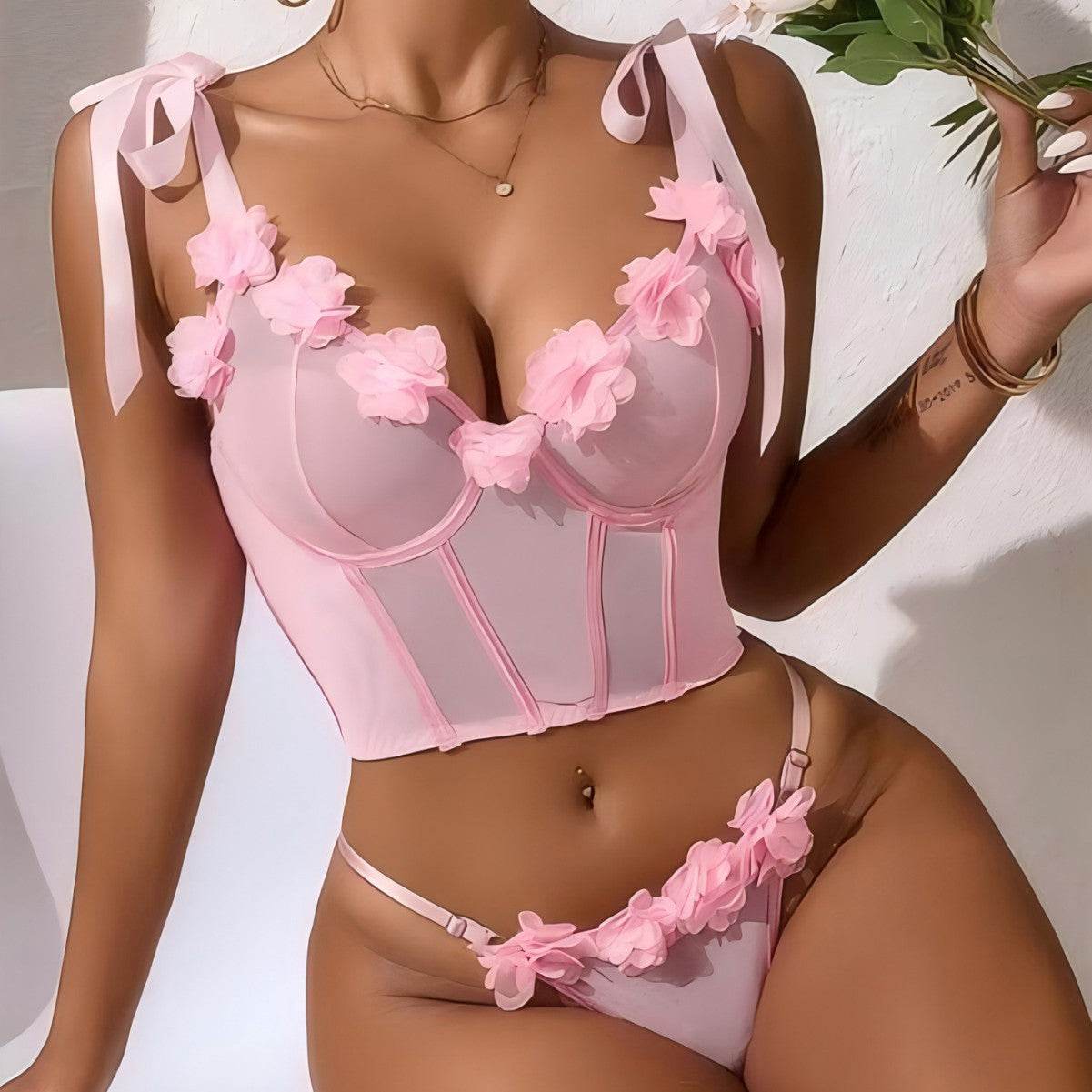 Ensemble de lingerie sexy eavec motif de fleur push Up - Style & confort