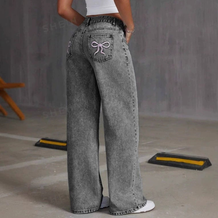 Damen Vintage Jeans mit bestickter Schleife, gewaschen, lockere, gerade Hose