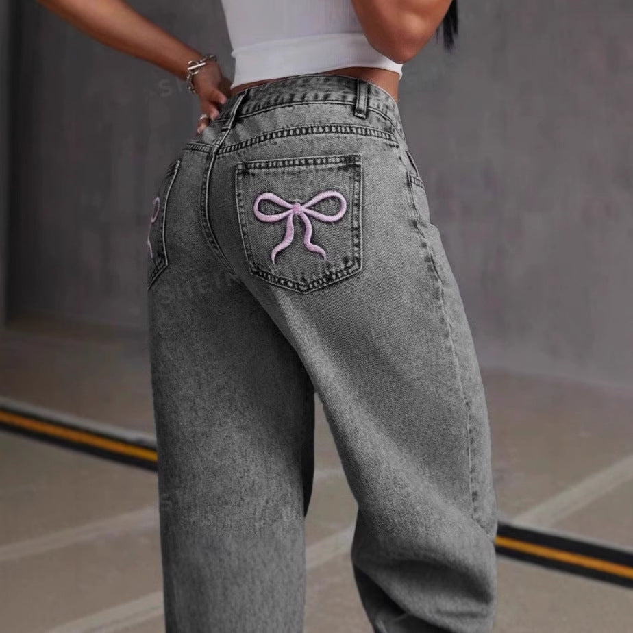 Damen Vintage Jeans mit bestickter Schleife, gewaschen, lockere, gerade Hose
