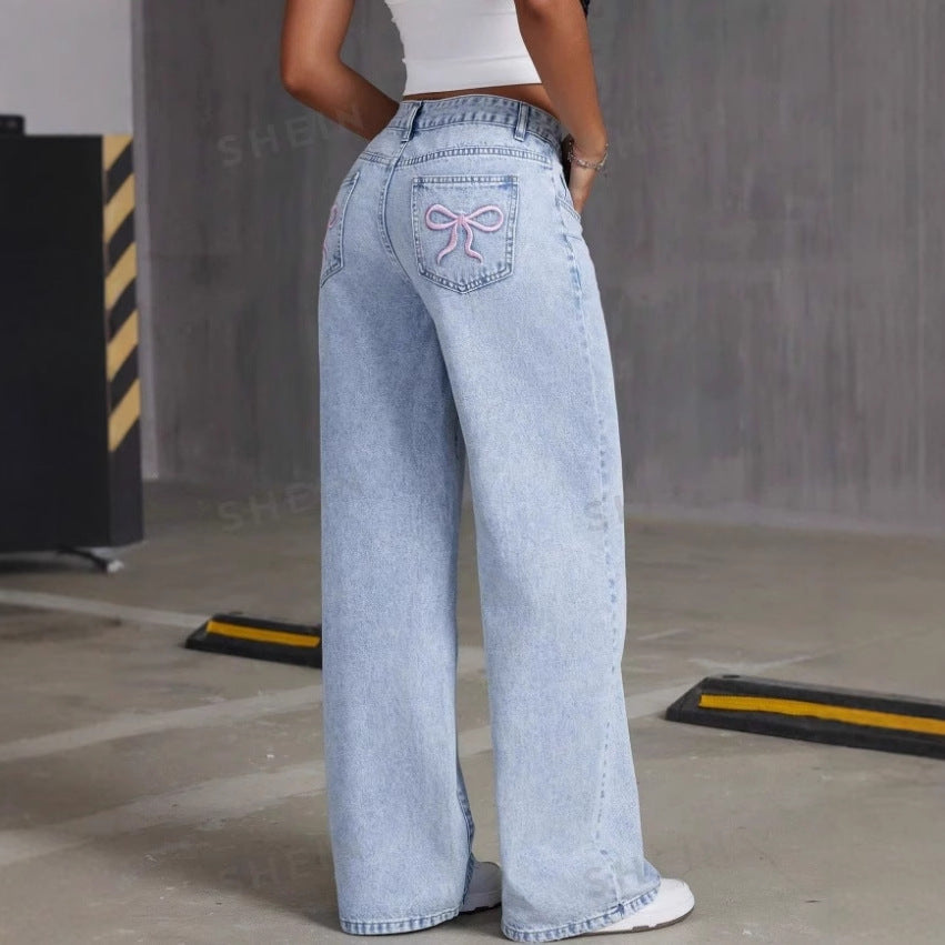 Damen Vintage Jeans mit bestickter Schleife, gewaschen, lockere, gerade Hose