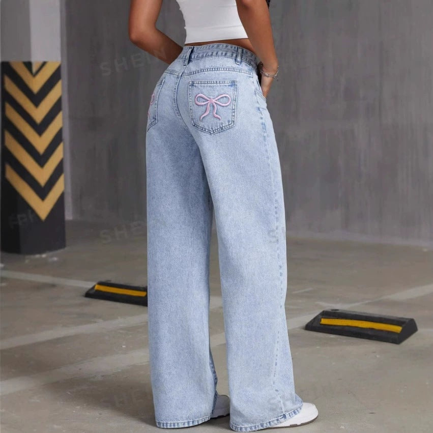 Damen Vintage Jeans mit bestickter Schleife, gewaschen, lockere, gerade Hose