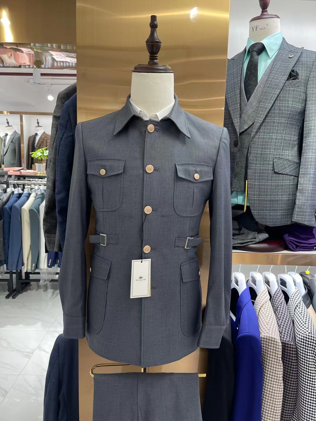 Costume coupe ajustée bleu marine pour homme, costume deux pièces