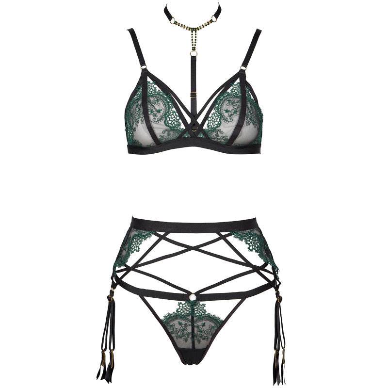 Ensemble de lingerie sexy en maille brodée fine et transparente avec porte-jarretelles - Style & confort
