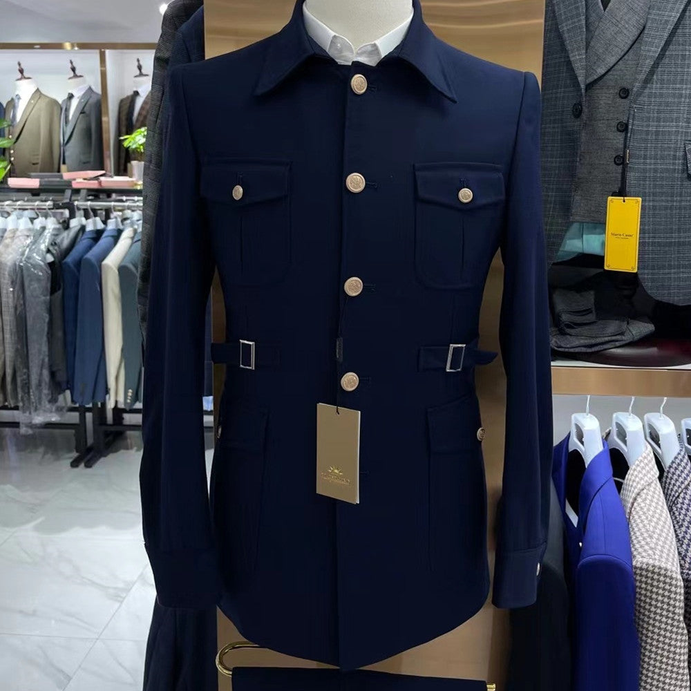 Costume coupe ajustée bleu marine pour homme, costume deux pièces