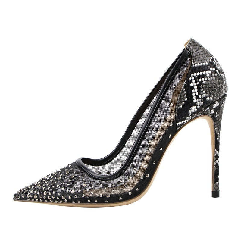 Chaussures de travail à talons aiguilles noirs et strass, imprimé serpent, sexy, pointues