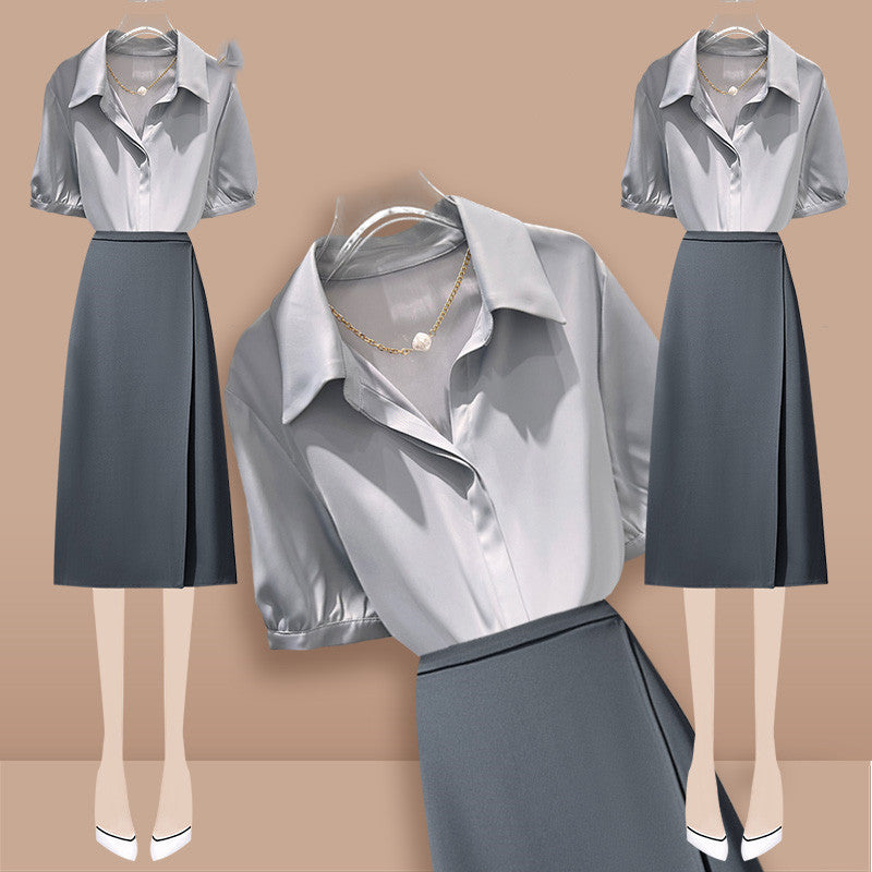 Women's Short Sleeve Satin Shirt and Skirt Set