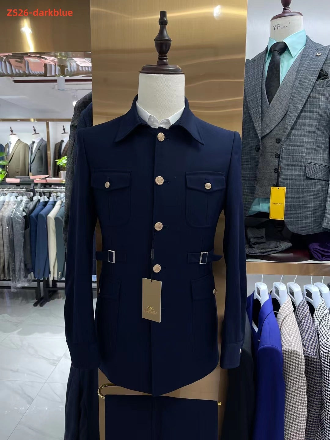 Costume coupe ajustée bleu marine pour homme, costume deux pièces