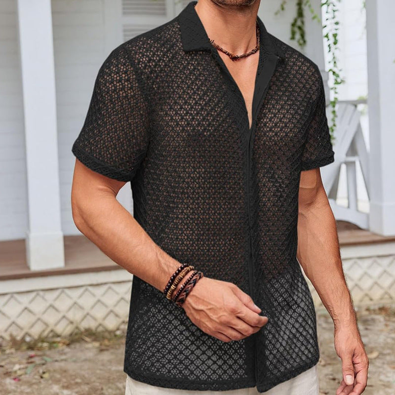Chemise d'été à manches courtes en maille, couleur unie, à revers pour hommes