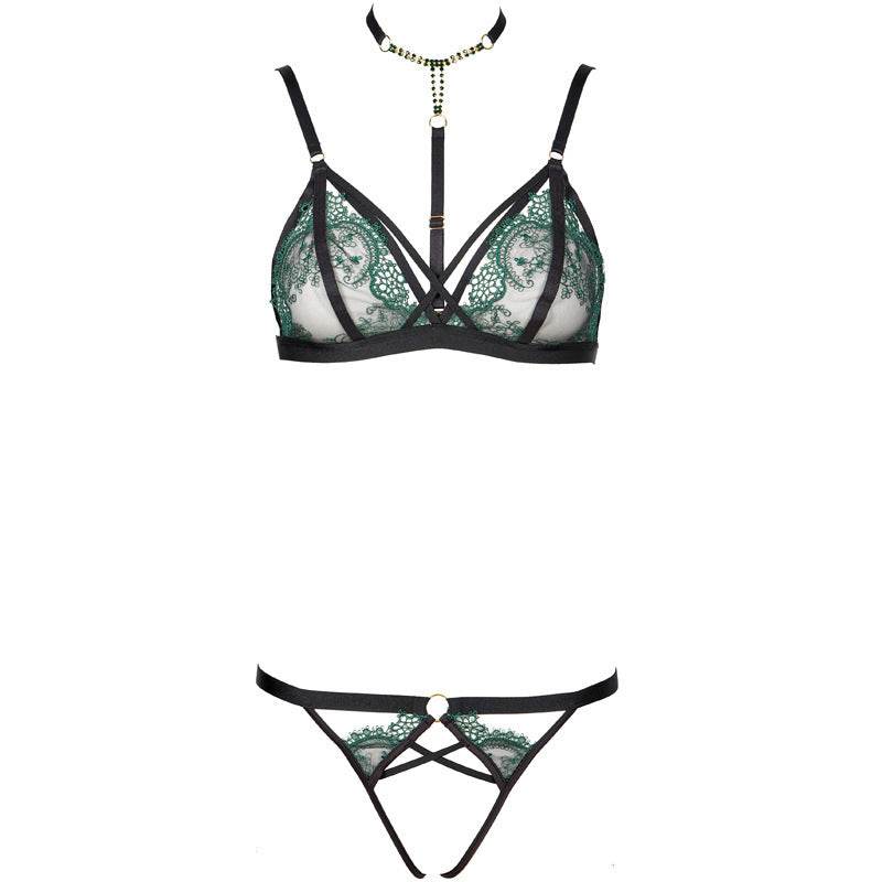 Ensemble de lingerie sexy en maille brodée fine et transparente avec porte-jarretelles - Style & confort