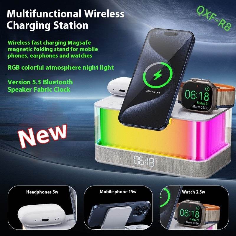 Haut-parleur Bluetooth de bureau, horloge, lumière d'ambiance, chargeur sans fil magnétique - Style & confort