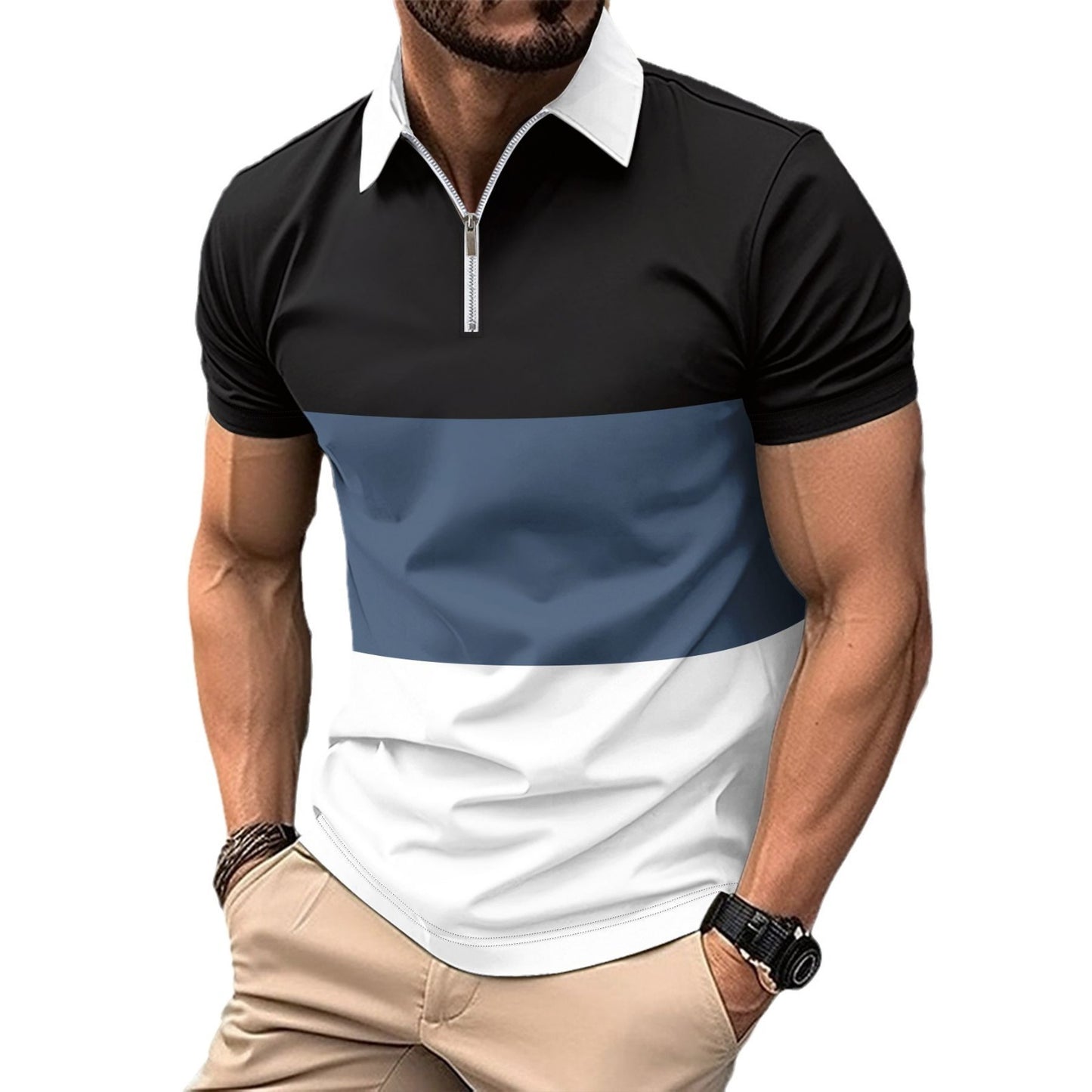Striped printed polo shirt with zipper