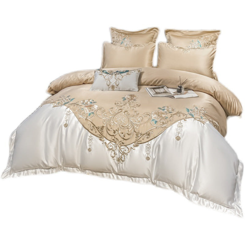 Parure de lit de luxe quatre pièces avec broderie de fleurs de champagne européen