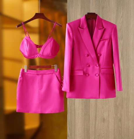 Three-piece set of high-end French suit jacket with vest and short skirt