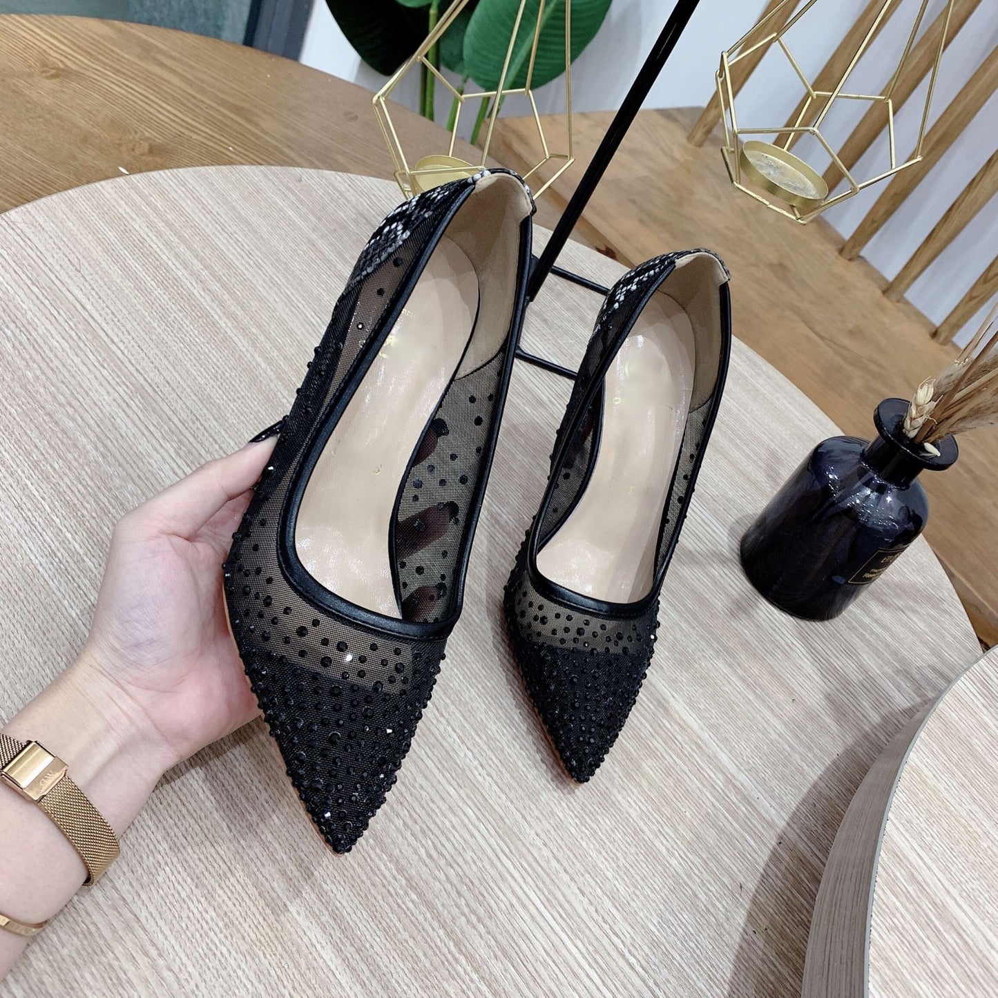 Chaussures de travail à talons aiguilles noirs et strass, imprimé serpent, sexy, pointues