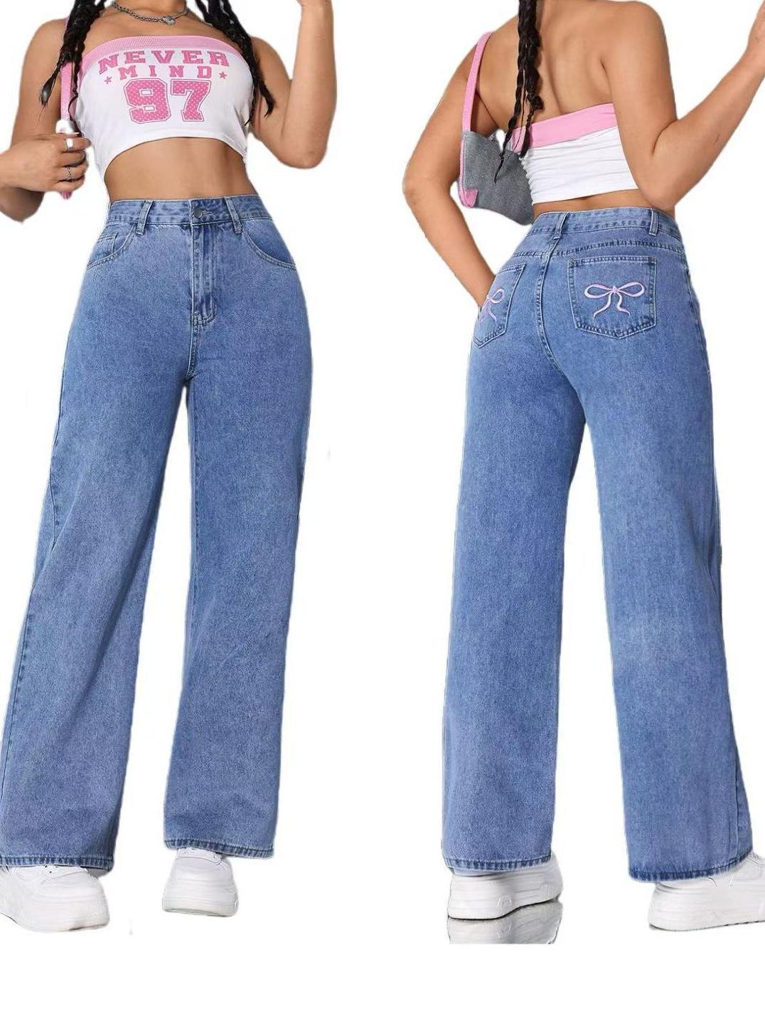 Damen Vintage Jeans mit bestickter Schleife, gewaschen, lockere, gerade Hose