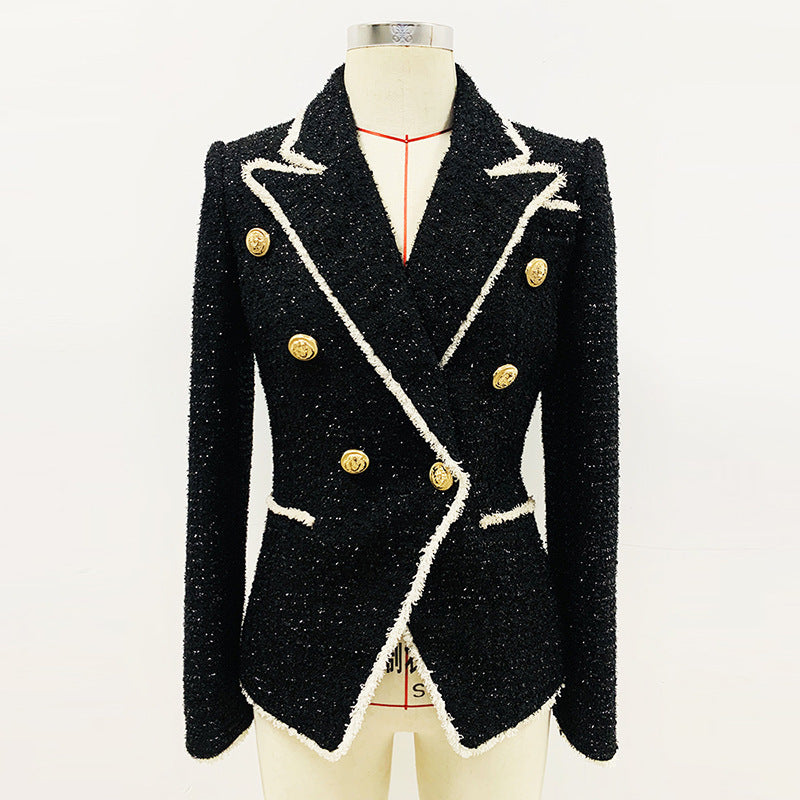 Slim double-breasted wool fringed suit jacket