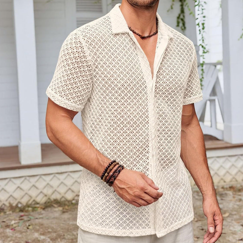 Chemise d'été à manches courtes en maille, couleur unie, à revers pour hommes