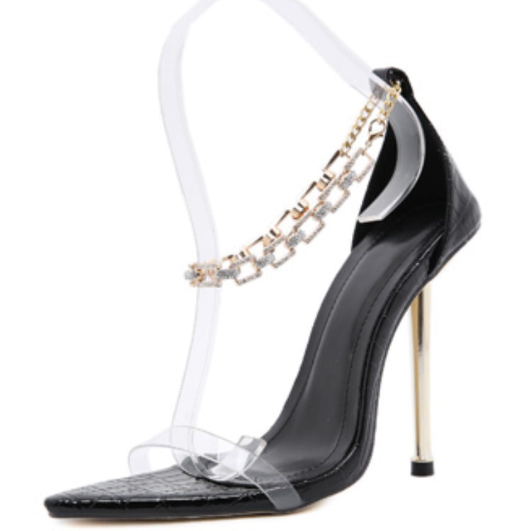 Sandales à talons hauts en métal, luxe, avec chaîne en diamant, pointues et stiletto