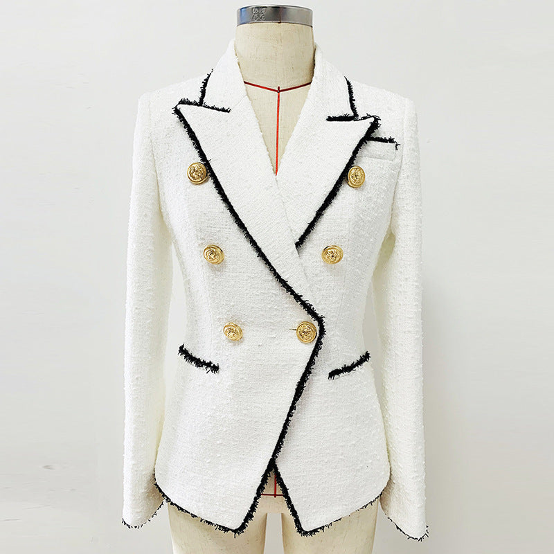 Slim double-breasted wool fringed suit jacket