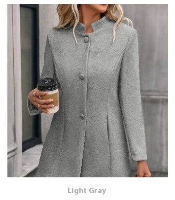 European And American New Fall And Winter Lapels Slim-fit Wool Solid Color Fashion Temperament Coat