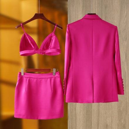 Three-piece set of high-end French suit jacket with vest and short skirt