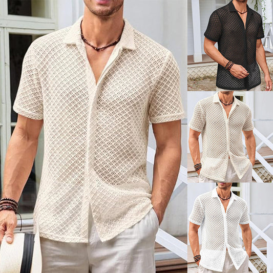 Men's Summer Solid Color Short Sleeve Mesh Lapel Shirt