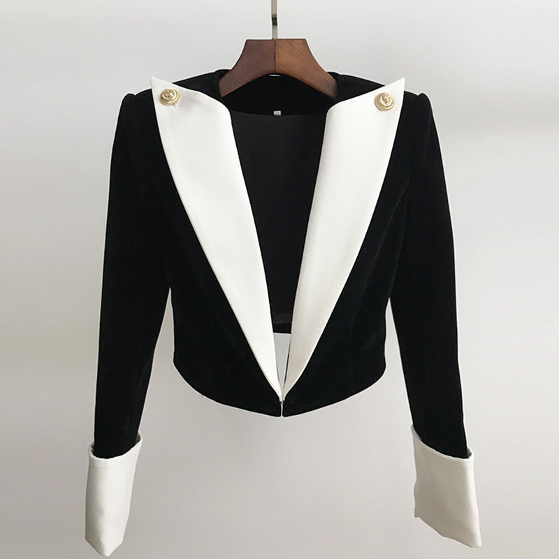 Short velvet jacket with large lapels and gold buttons