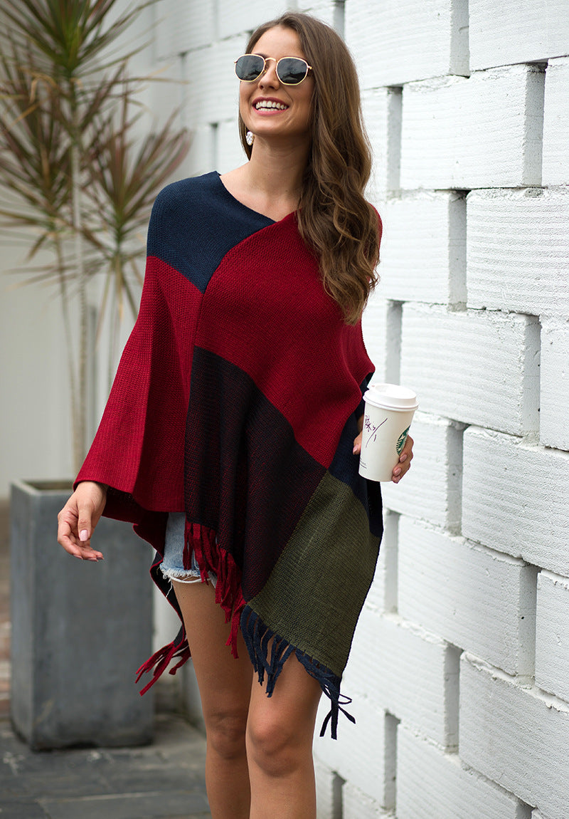 Shawl cape fringed colorblock women's coat