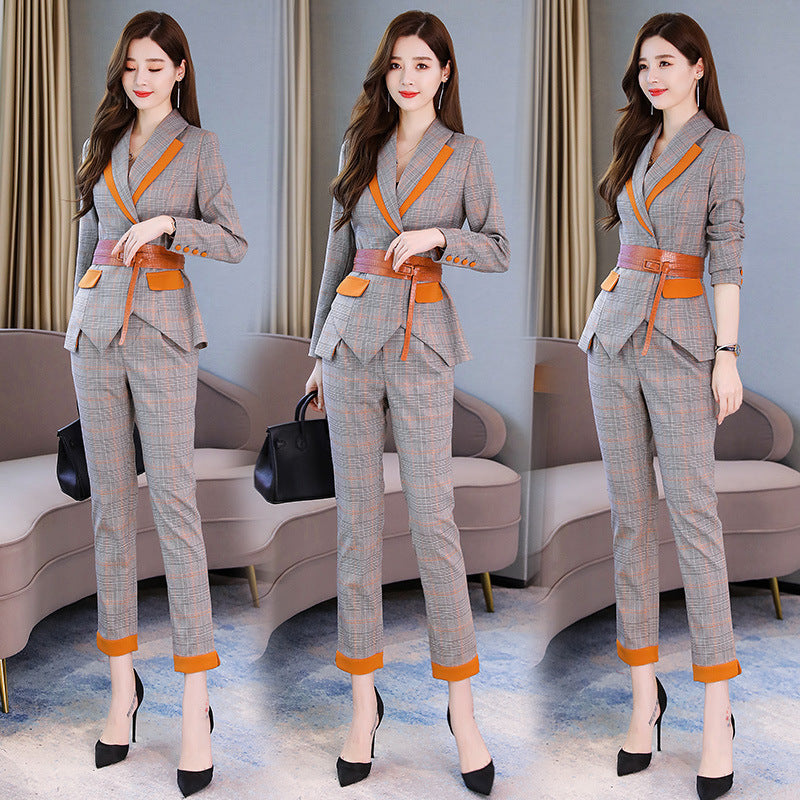 Women's Two-Piece Checkered Professional Suit